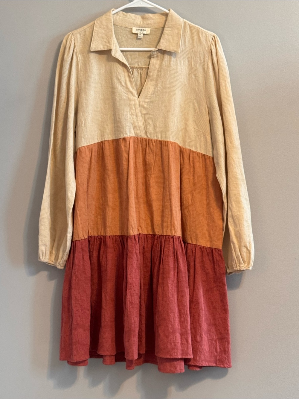 Umgee Medium Colorblock Tiered Cotton Boho Tunic Dress Rust Cream